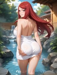 ai_generated ass ass_grab breasts grabbing_own_ass hot_spring huge_ass huge_breasts isogil long_hair looking_at_viewer looking_back naruto naruto_(series) naruto_shippuden onsen purple_eyes red_hair standing_in_water towel uzumaki_kushina water wet