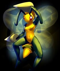 antennae anthro armpits bald barefoot bee beedrill black_skin breasts elpatrixf female flying hi_res insects looking_at_viewer navel nintendo nipples nude pink_skin pokemon pussy raised_arm raised_leg red_eyes shadow shiny skin solo spread_legs spreading video_games white_eyes wings yellow_skin