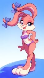 2024 2024s anthro babs_bunny bandeau barefoot belly_button bikini_top blue_background blue_eyes bottomwear bra buckteeth bunny bunny_girl clothing countershade_face countershade_feet digital_media_(artwork) ear_bow ear_ribbon eyelashes feet female female_focus female_only fur furry furry_female hand_on_hip hi_res lagomorph leporid looking_at_viewer looney_tunes mammal navel panties pink_body pink_fur pink_nose purple_bikini purple_clothing purple_swimwear rabbit simple_background small_breasts smile solo swimsuit swimwear tail teeth tiny_toon_adventures two-piece_swimsuit warner_brothers white_fur wildblur
