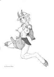 blush breasts caprine clothing demon-man digitigrade fur futanari goat hair hooves horn intersex long_nipples monochrome navel nipples penis satyr shirt skirt tears teats transformation tuft udders