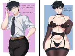 1girls androgynous ass black_hair bra breasts demon_dog female female_only gray_eyes light-skinned_female lingerie office_lady short_hair small_breasts thick_thighs thighhighs thighs thong tomboy wide_hips