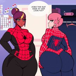 2girls bodysuit cdlum chocolate_and_vanilla crossover dark_skin maple_(cdlum) marvel multiple_girls pear_(cdlum) pink_hair skintight spider-man_(series)