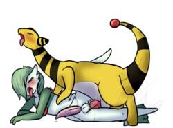 2013 ampharos anal anal_sex anthro anus balls barefoot blush erection furry gardevoir gay kamikitty male male_gardevoir male_only nintendo no_humans open_mouth penetration penis pokemon pokemon_(species) pokemon_rse queenkami sex tongue tongue_out video_games