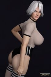 3d areolae ass big_breasts blue_eyes breasts bubble_butt busty christie_(doa) dead_or_alive erect_nipples female female_focus female_only hourglass_figure large_breasts loveluv69 nipples pinup pinup_pose see-through see-through_clothing sports_uniform sportswear tagme thighhighs thong uniform white_hair wide_hips
