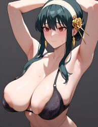 1girls ai_generated armpits arms_behind_back arms_up bra female female_only human large_breasts light-skinned_female light_skin lingerie mature_female mature_woman milf nipple_slip sagging_breasts saggy_breasts seductive seductive_look shounen_jump+ shy solo spy_x_family sweat sweating sweaty withoutgod yor_briar