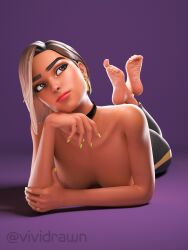 alternate_version alternate_version_available antonia_(fortnite) breasts choker clothed clothed_female clothing dark-skinned_female dark_skin feet feet_fetish feet_focus foot_fetish foot_focus fortnite head_tilt laying_down laying_on_stomach looking_up multicolored_hair partially_clothed partially_clothed_female scrunched_toes shiny shiny_hair shiny_skin topless topless_female vividrawn