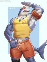 1boy 2024 amon-sydonai arm_up armpits bara biceps bodily_fluids bulge clawed_fingers clothed clothing digital_media_(artwork) epic_games erection fish fortnite hi_res lifeguard male male_only marine muscular muscular_anthro muscular_arms muscular_male open_mouth pectorals penis penis_base penis_outline penis_under_clothes safety_first_steve_(fortnite) shark shark_tail sharp_teeth solo solo_male sunglasses sweat sweatdrop tail tank_top teeth two_tone_body undressing vein veiny_penis