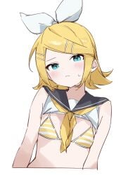 1girls :c blue_eyes blush bra hairbow kagamine_rin short_hair small_breasts solo solo_female vocaloid yellow_hair