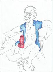 1boy 5_toes abs anthro balls bottomless canine canine_penis claws clothing darklycan erection fur hair knot licking licking_lips looking_at_viewer lying male male_only nude on_back open_mouth pecs penis plain_background plantigrade red_penis sheath simple_background sitting solo spread_legs spreading teeth toe_claws tongue tongue_out traditional_media white_background wolf