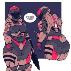 annoyed armor armored armored_female ass big_ass big_boobs black_bodysuit bodysuit bodysuit_under_clothes breasts busty busty_female butt cdlum crossover fat_ass female female_spartan_(halo) halo halo_(series) heavenly_ass huge_ass large_breasts mouth open_mouth pear_(cdlum) pink_hair plump_thighs power_armor simple_background skintight skintight_bodysuit spartan_(halo) spartan_iii_(halo) talking_to_viewer thick_ass thick_thighs unsc