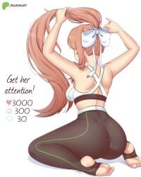 ass_focus black_leggings doki_doki_literature_club female fit_female gym_uniform leggings long_hair monika_(doki_doki_literature_club) raionart ribbon sports_bra stirrup_legwear white_bow white_ribbon