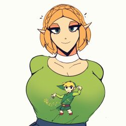 1girls blonde_hair cdlum elf elf_ears female green_eyes looking_at_viewer princess_zelda short_hair t-shirt tears_of_the_kingdom the_legend_of_zelda zelda_(tears_of_the_kingdom)