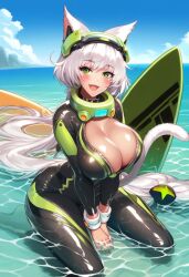 1girls ai_generated alizee_(project_qt) big_breasts blush bodysuit breasts cat_ears cat_tail catgirls cleavage clenched_teeth dreambuild female female_focus female_only green_eyes large_breasts long_hair looking_at_viewer nutaku ornament project_qt shiny shiny_skin sitting smile solo solo_female very_long_hair wetsuit white_fur