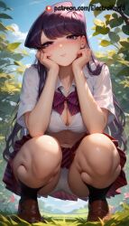 1girls ai_generated big_balls big_breasts breasts cleavage electroworld female komi-san_wa_komyushou_desu komi_shouko long_hair nature_background nude outdoors panties perfect_body school_uniform skirt smiling solo squatting sweat upskirt