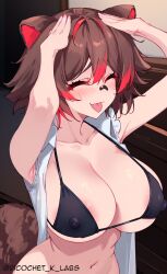 1girls ai_generated big_breasts bikini blush breasts brown_hair closed_eyes kemonomimi latam_virtual_youtuber multicolored_hair nipples nipples_visible_through_clothing open_shirt raccoon_girl rakkun red_hair ricochetk short_hair solo_female tagme virtual_youtuber vtuber