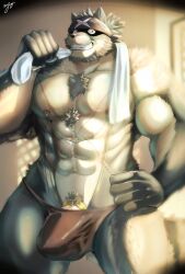 anothereidos_of_dragon_vein_r anthro armpit_focus armpit_hair balls_bulge bandanna_on_forehead belt bodily_fluids body_hair bottomwear bulge canid canine canis chains chest_hair clothing full_house_(anothereidos_r) fullhouse gold_(metal) gold_chain happy_trail hi_res kt0414143919 male male_only mammal muscular muscular_male nipple_piercing nipples pants piercing raised_arms red_eyes scar solo solo_male sweat tenting wolf