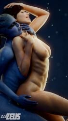 2girls 3d alien alien_girl alien_humanoid blue_skin breasts brown_hair human mass_effect mass_effect_andromeda medium_breasts naked naked_female nipples nude nude_female peebee sara_ryder yuri zis2nsfw