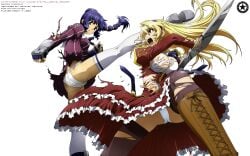 2014 2girls absurd_res akiranyo areola_slip armored_gloves artist_logo artist_name battle_damage blonde_hair_female boots character_name english_text fighting freezing_(series) multiple_girls panty_peek panty_shot ponytail purple_hair_female rana_linchen red_dress satellizer_el_bridget school_uniform shouting text thigh-high_stockings torn_clothing torn_dress transparent_background vector_trace work_name