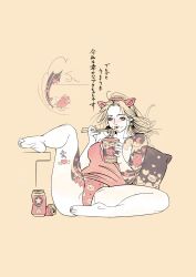 1girls 2024 chubby creative_censorship female female_focus female_only imaitetsuro japanese_text no_sex original original_character panties pig_ears pillow ramen relaxing soda_can solo solo_female solo_focus strap_slip tattoo