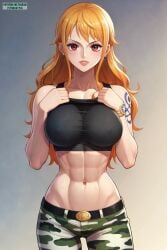 1girls abs ai_generated bare_arms bare_shoulders big_breasts clothed clothing color female female_focus female_only fit_female hi_res large_breasts light-skinned_female light_skin long_hair looking_at_viewer muscles muscular muscular_female nami nami_(one_piece) one_piece orange_eyes orange_hair plyboijayyai post-timeskip shounen_jump solo solo_female tagme thick_thighs