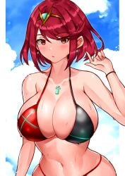 beach bikini bikini_top breasts cleavage core_crystal core_crystal_(xenoblade) diadem earrings huge_breasts oniisan02b pyra pyra_(xenoblade) red_eyes red_hair short_hair wet wet_body wet_skin xenoblade_(series) xenoblade_chronicles_2 yotsuhauni