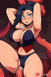 ai_generated alexmit arms_up big_breasts blush cleavage cum_in_pussy momo_yaoyorozu my_hero_academia nipple_bulge panties_aside restrained_by_tentacles sweat tentacle tentacle_in_pussy tentacle_sex tentacles_around_wrists vaginal_penetration