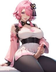 1futa ai_generated dickgirl esendor futa_only futanari huge_breasts large_penis pink_hair purple_eyes simple_background solo stable_diffusion taoqi_(wuthering_waves) uncut wuthering_waves