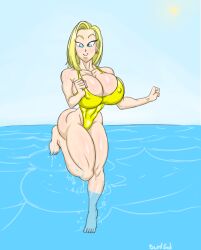 2d android_18 ass barefoot big_ass big_breasts big_butt bikini blonde_hair breasts dragon_ball dragon_ball_super dragon_ball_z earrings female full_color no_penetration solo solo_female sun1sol