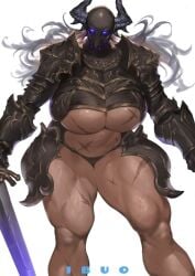 1girls armor bikini_bottom broadsword dark-skinned_female female glowing_eyes grey_hair horns huge_breasts ibuo mommy muscular_female muscular_thighs revealing_clothes scar solo solo_female sword tan_body thick_thighs watermark white_background