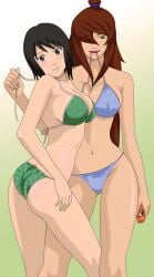 2girls ass big_breasts bikini bikini_bottom bikini_pull bikini_top black_eyes black_hair breasts brown_hair cleavage curvaceous curvy female female_only green_eyes hair_over_one_eye holding_object lipstick long_hair looking_at_viewer makeup mei_terumi naruto naruto_(series) naruto_shippuden pulled_by_another shizune smile straps sunscreen swimsuit undressing untied_bikini very_long_hair wide_hips