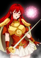 1girls armor bare_arms bare_thighs belt black_background breastplate breasts cape corruption eirika_(fire_emblem) empty_eyes female female_only femsub fingerless_gloves fire_emblem fire_emblem:_the_sacred_stones gloves glowing haryudanto holding holding_weapon long_hair magic medium_breasts mind_control miniskirt nintendo open_mouth orb red_eyes red_hair shirt short_sleeves shoulder_pads skirt solo steam sword thick_thighs thighs transformation very_long_hair weapon