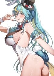 ass blue_hair bunny_ears bunny_suit bunny_tail hat kaminari_clara large_breasts looking_back phase_connect phase_connect_jp sideboob takenoomoti v virtual_youtuber