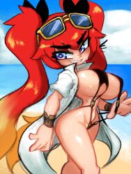 areola_slip breasts curvy female heart heart-shaped_pupils hourglass_figure huge_breasts jellot large_breasts last_origin may_of_doom mole navel red_hair slingshot_swimsuit smile solo standing swimsuit symbol-shaped_pupils thighs twintails walking