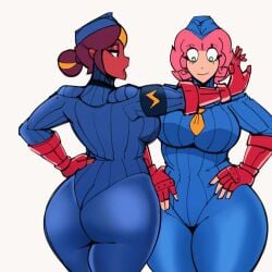 2girls big_breasts cdlum chocolate_and_vanilla dat_ass leaning_on_wall maple_(cdlum) multiple_girls pear_(cdlum) pink_hair shadaloo_dolls stewardess thick_ass thick_thighs