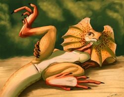 2013 ambiguous_gender black_claws cloaca color day digitigrade feral flat_chested freckles frills lizard looking_at_viewer no_nipples orange_eyes orange_scales outdoors plump_labia presenting scalie solo spread_legs spreading syrinoth warm_colors