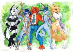 anthro bandage bandai_namco canid canine crossover digimon digimon_(species) eeveelution felid female fox fur generation_1_pokemon genitals group hellhound helluva_boss krystal loona_(helluva_boss) male mammal mythological_canine mythological_creature mythology navel nintendo pantherine pokemon pokemon_(species) pussy renamon sara_dellacasa smile star_fox tiger tigre vaporeon