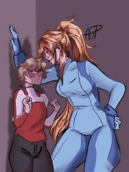 beautiful_female blonde_female blonde_hair crossover dominant_female female femdom fully_clothed kyle_(she-ra) metroid pinned_to_wall samus_aran sexually_suggestive she-ra_and_the_princesses_of_power shorter_male skinny_girl submissive_male tall_female taller_female taller_girl thick_thighs twink u/chilli_clown wall wide_hipped_female wide_hips zero_suit_samus