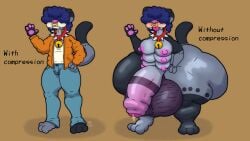 anthro ass balls before_and_after bell bell_collar big_balls big_butt big_penis blep blue_hair blush bodily_fluids bottomwear breasts clothing collar denim denim_bottomwear denim_clothing domestic_cat domino_goocat dominogooper facial_piercing fangs felid feline felis foreskin fur genital_fluids genitals grey_body grey_fur growth hair hair_over_eyes hi_res huge_balls huge_butt huge_cock hyper hyper_balls hyper_butt hyper_genitalia hyper_penis jacket jeans leaking_precum male mammal multi_breast nose_piercing nude pants penis piercing precum solo_focus teeth tongue tongue_out topwear