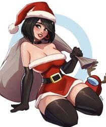 among_us among_us_reference breasts christmas_clothing crewmate_(among_us) evie_(fortnite) fortnite girl half_naked magaska19 not_furry santa_costume santa_hat thick_thighs thigh_highs