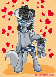 2013 anibaruthecat clothing english_text equine eyewear female feral friendship_is_magic glasses grey_fur grey_hair hair heart horse looking_at_viewer my_little_pony necklace pants pony purple_eyes silver_spoon_(mlp) smartypants_(mlp) solo text