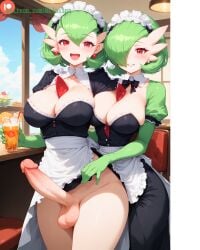 2futas ai_generated balls blue_sky closed_mouth couple couple_(romantic) day daylight daytime drink earrings erect_penis erection exibitionism futa_on_futa futa_only futa_sans_pussy futanari gardevoir gloves green_hair happy happy_sex large_breasts looking_at_another looking_at_partner looking_at_viewer looking_back_at_viewer looking_pleasured maid maid_outfit maid_uniform medium_hair melusina open_clothes open_mouth open_smile penis pokemon pokemon_(species) public public_exposure public_indecency public_nudity public_sex red_eyes selfcest standing standing_sex testicles