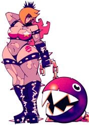 1girls arm_up bangs bangs_over_one_eye belly_button big_breasts blonde blonde_female blonde_hair boots bowser_logo bowser_tattoo breasts_out cdlum chain_chomp choker crown curvy curvy_figure earrings female fishnet_legwear full_body gloves goth goth_girl hair_over_one_eye holding_chain holding_leash hoop_earrings human leather_boots leather_gloves leotard light_skin light_skinned_female limited_palette long_hair mario_(series) navel pasties princess_rosalina solo_focus spiked_bracelet spiked_collar spiked_garter star_pasties thick_ass thick_thighs thighhigh_boots thighhighs torn_fishnet_clothing torn_fishnets torn_pantyhose wide_hips