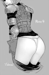 armor ass ass_focus big_ass breastplate dark_souls dark_souls_2 female female_knight female_only fromsoftware helmet knight looking_at_viewer looking_back mild_mannered_pate monochrome pants_down pauldrons solo thong yukami