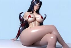 3d 3d_(artwork) ai_assisted ai_generated black_hair blank_background blue_eyes crossed_legs disgusted etsa female huge_ass huge_breasts irelia_xan league_of_legends league_of_legends:_wild_rift long_hair micro_bikini oiled_skin thick_ass thick_legs thick_lips thick_thighs toned voluptuous wet_body wet_skin
