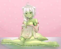 absurd_res ahoge animal_ears blush bottomless braid breasts cleavage exposed_shoulders feet ferret_girl green_eyes green_highlights green_skin hand_on_chest indie_virtual_youtuber jacket laimu lime looking_at_viewer mostly_nude necklace no_underwear off_shoulder partially_clothed sitting sleeves slime slime_girl tail thighs virtual_youtuber vtuber white_hair