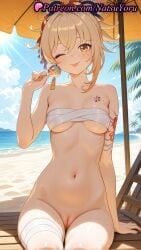 1girls 2025 ai ai_generated anime anime_style arm_support arm_tattoo asian bandaged_leg bandages bangs bare_shoulders beach beach_chair beach_umbrella bikini blonde_hair blue_sky blush bottomless breast_tattoo breasts budget_sarashi bust busty chair chest_sarashi chest_tattoo cleft_of_venus cloud collarbone day earrings female female_focus female_only flower_tattoo food genshin_impact hair_between_eyes hair_ornament hand_up hentai hi_res high_quality high_resolution highres holding holding_food large_breasts looking_at_viewer medium_breasts naked_bandage natsuyoru navel nude_female ocean one_eye_closed orange_eyes outdoors paipan palm_tree patreon ponytail pussy sand sarashi shoulder_tattoo sitting sky smile solo solo_female stable_diffusion stomach sunlight sweat tattoo thighs tongue tongue_out tree umbrella uncensored underboob vagina voluptuous voluptuous_female water wet yellow_eyes yoimiya_(genshin_impact)