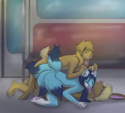 anthro brothers canine double_penetration ethan_(blancmark) fox furry gay girly grab group horn incest lagomorph male multiple_tails nicky_(blancmark) no_humans penetration piercing public sex sibling subway threesome tongue train tsunami whaleosaur