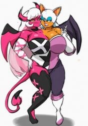 2girls anthro armwear bat_ears bat_girl bat_wings blue_eyes blue_eyeshadow boot breasts choker conjoined curvy curvy_body curvy_female curvy_figure demon demon_girl demon_horns demon_tail eyelashes eyeshadow fused hand_on_hip helluva_boss horns large_breasts legwear looking_at_each_other pink_body pink_eyes pink_lips pink_skin rouge_the_bat sega sonic_(series) sonic_the_hedgehog_(series) tail tan_fur two_heads two_tone_body verosika_mayday_(helluva_boss) white_hair wide_hips wings