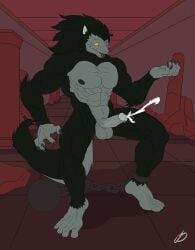 anthro balls bara boner cum erection facial_hair free_(soul_eater) furry gizellefluff male male_only muscles muscular nude orgasm penis pointy_ears solo solo_male soul_eater tongue_out werewolf