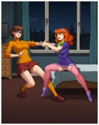 2girls ai_generated bryan3 catfight clothed clothed_female daphne_blake female female_only fully_clothed glasses high_heels legs_open light-skinned_female light_skin miniskirt multiple_girls panties purple_dress scooby-doo stockings velma_dinkley